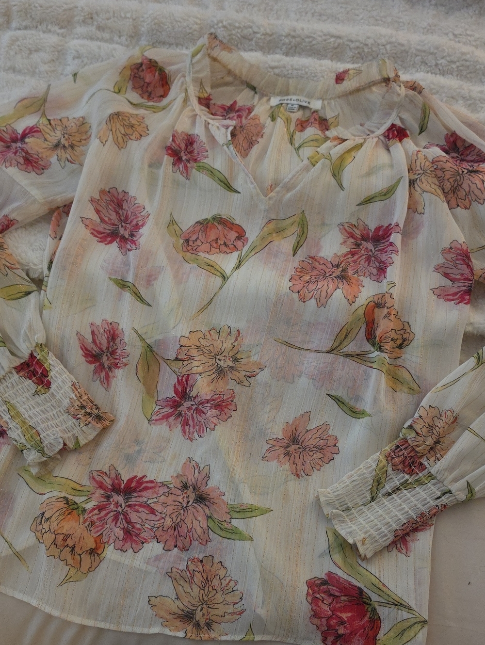 Rose + Olive Sheer Floral Peasant Blouse - Cream with Pink & Peach Flowers